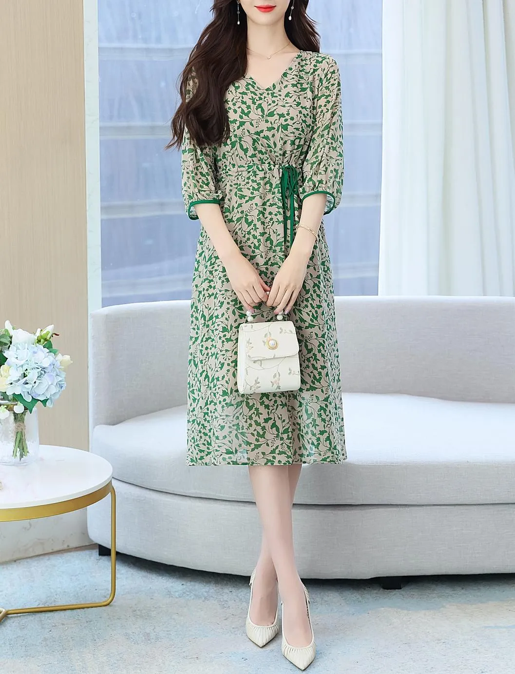 Women's Knee-length Tea Dress with Floral Print and Tie Detail