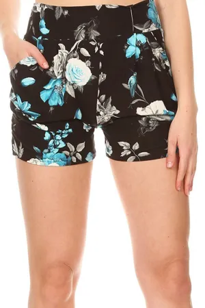 Women’s Regular Blue Flower and Bird Printed Pleated Pockets Harem Shorts