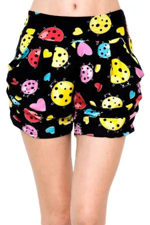 Women’s Regular Colorful Ladybug Printed Pleated Pockets Harem Shorts