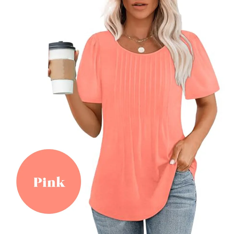 Women's Summer Round Neck Short Sleeve Pleated T-Shirt
