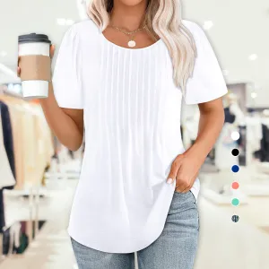 Women's Summer Round Neck Short Sleeve Pleated T-Shirt