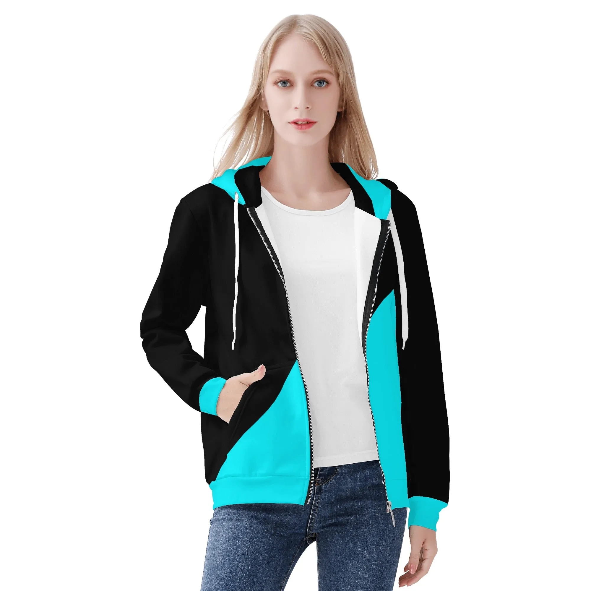 Womens Teal & Black Asymmetrical Zip Up Hoodie