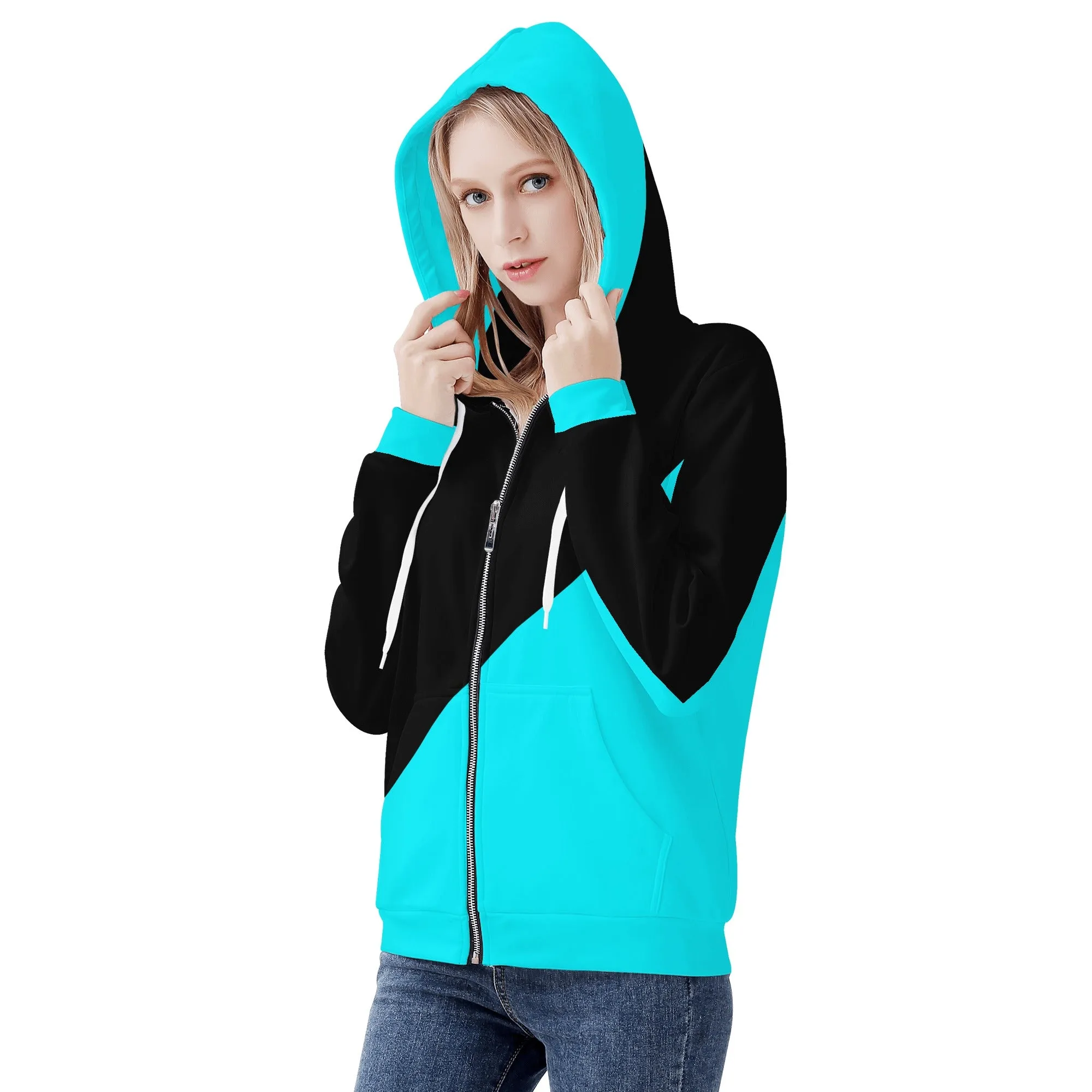 Womens Teal & Black Asymmetrical Zip Up Hoodie