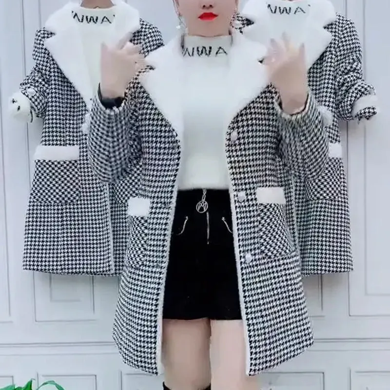 Women's Thickened Lapel Button Down Plaid Coats