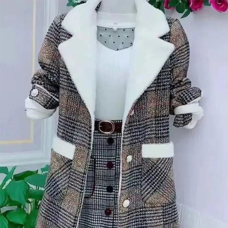 Women's Thickened Lapel Button Down Plaid Coats