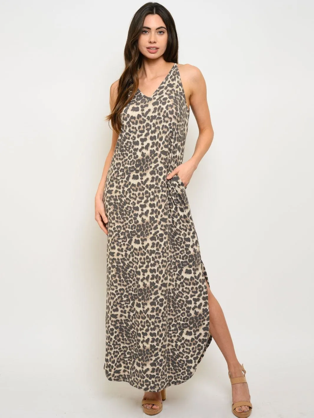 WOMEN'S V-NECK ANIMAL PRINT POCKETS MAXI DRESS