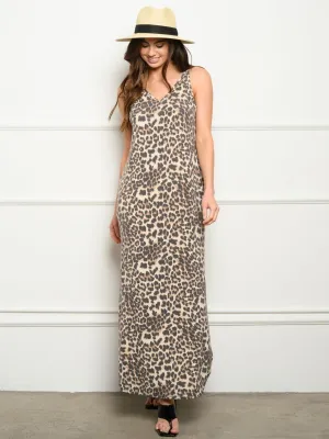 WOMEN'S V-NECK ANIMAL PRINT POCKETS MAXI DRESS