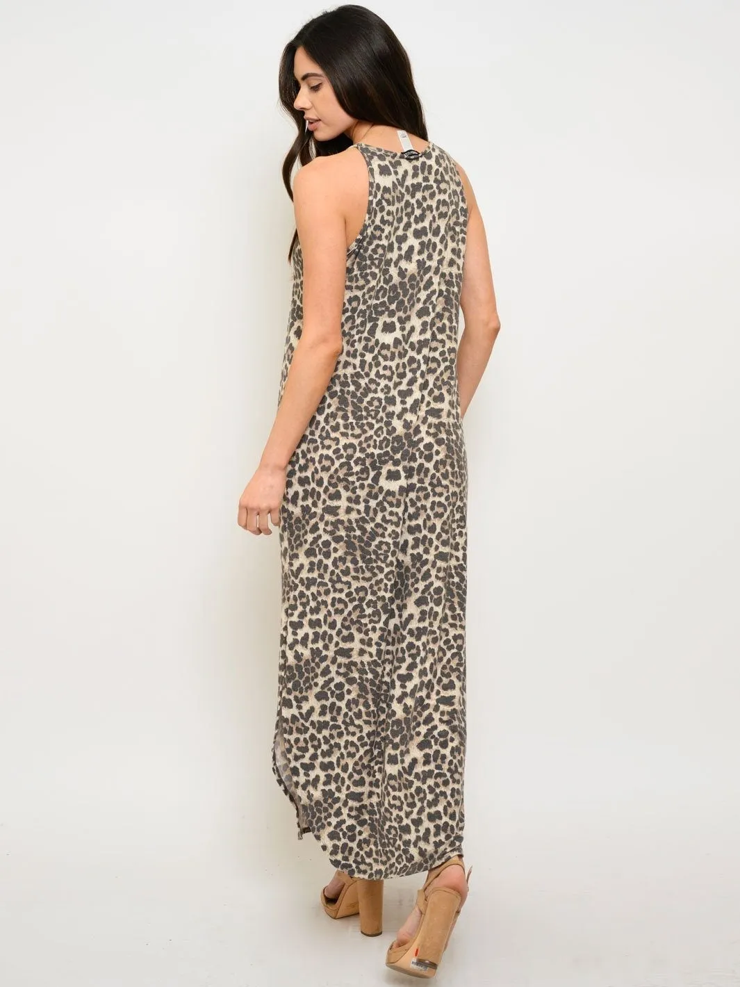 WOMEN'S V-NECK ANIMAL PRINT POCKETS MAXI DRESS