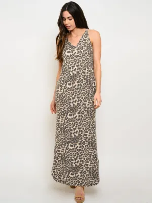 WOMEN'S V-NECK ANIMAL PRINT POCKETS MAXI DRESS