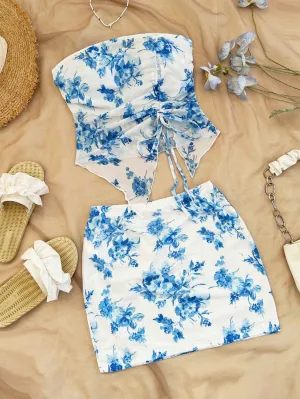 WYWH Women Blue Floral Print Drawstring Bandeau Top And Ruched Skirt 2 Piece Set For Beach Resort