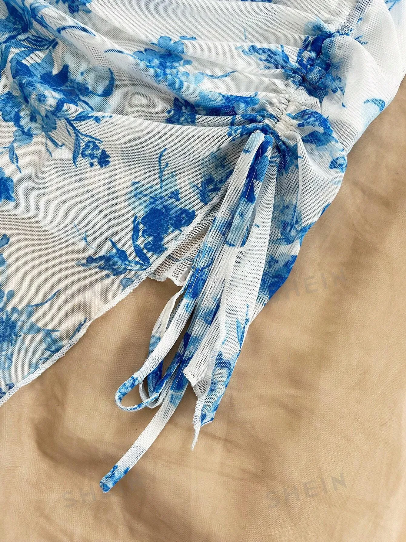 WYWH Women Blue Floral Print Drawstring Bandeau Top And Ruched Skirt 2 Piece Set For Beach Resort