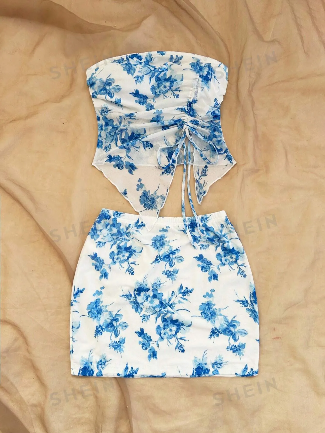 WYWH Women Blue Floral Print Drawstring Bandeau Top And Ruched Skirt 2 Piece Set For Beach Resort