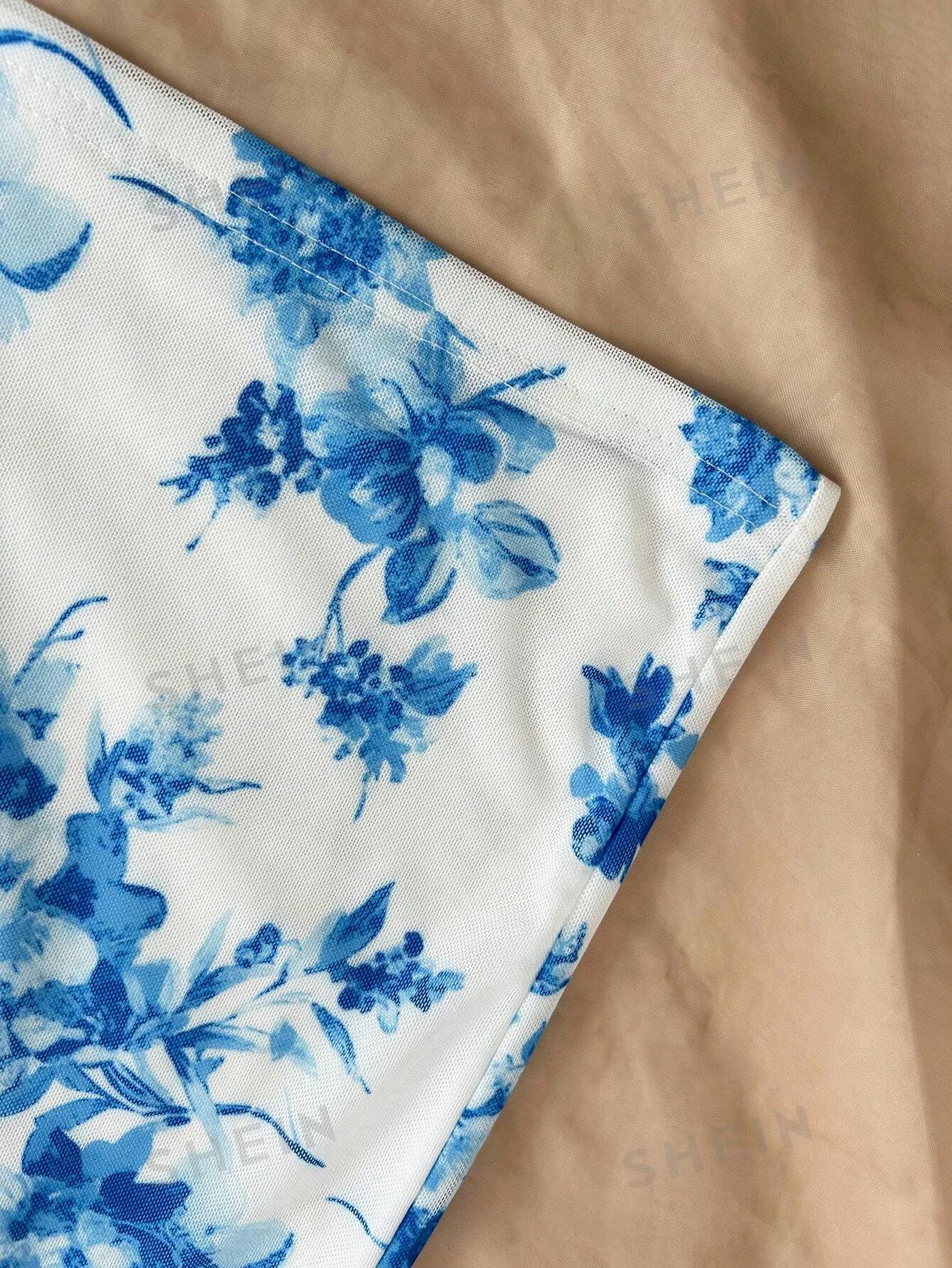 WYWH Women Blue Floral Print Drawstring Bandeau Top And Ruched Skirt 2 Piece Set For Beach Resort