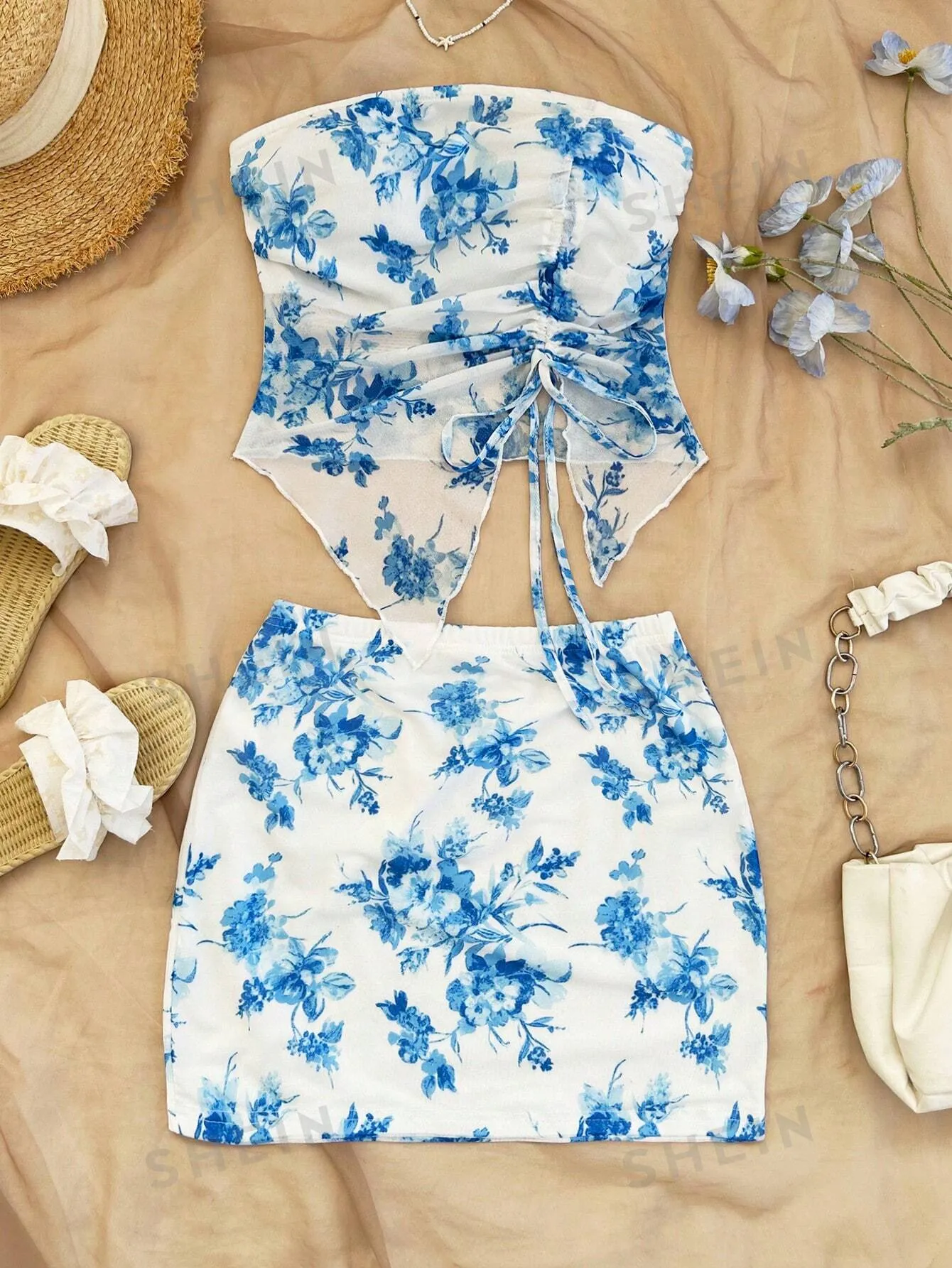 WYWH Women Blue Floral Print Drawstring Bandeau Top And Ruched Skirt 2 Piece Set For Beach Resort