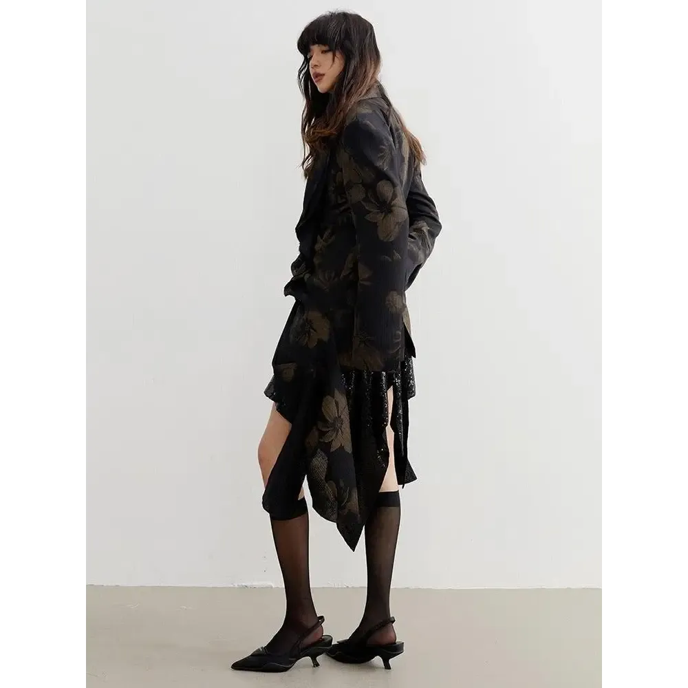 Y2K Floral Print Jacket with Lapel Collar and Split Back Design