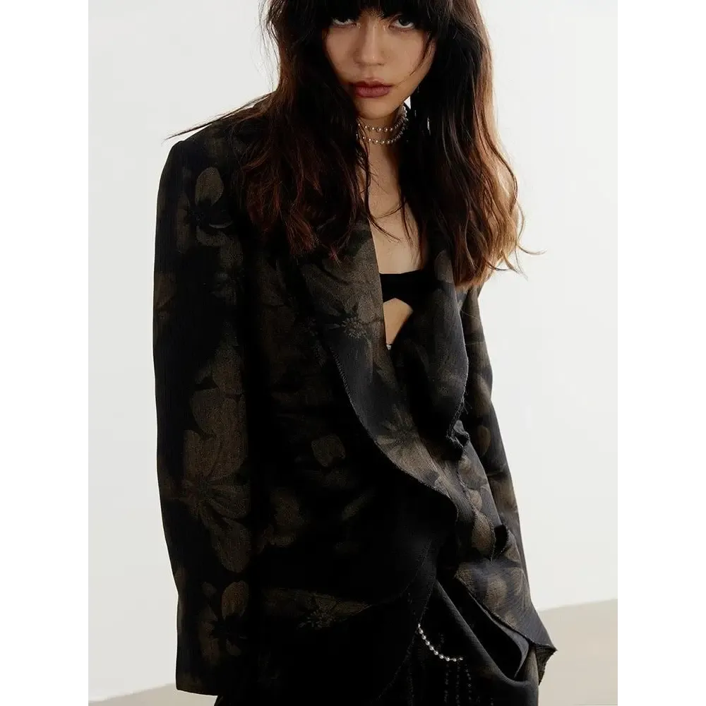 Y2K Floral Print Jacket with Lapel Collar and Split Back Design