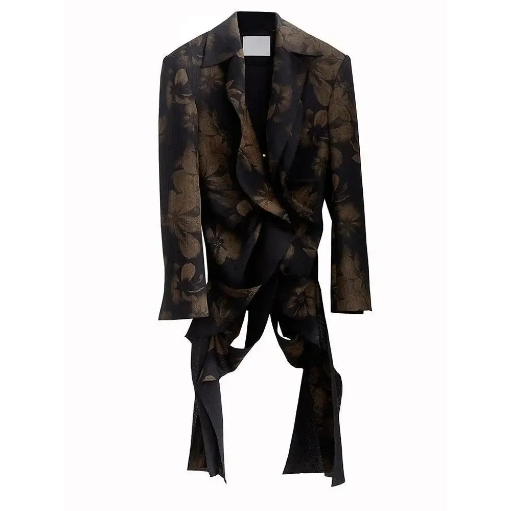 Y2K Floral Print Jacket with Lapel Collar and Split Back Design