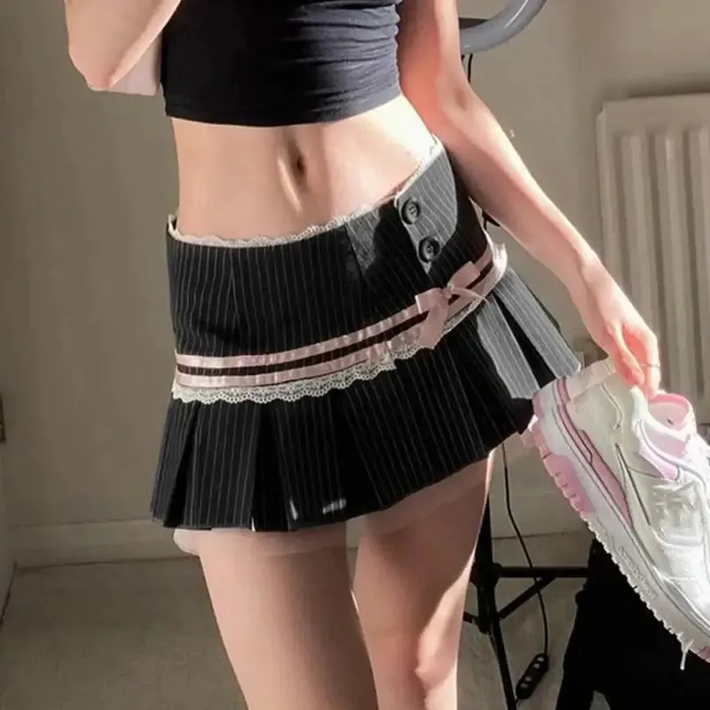 Y2K Striped Pleated Mini Dress with Bow for Women