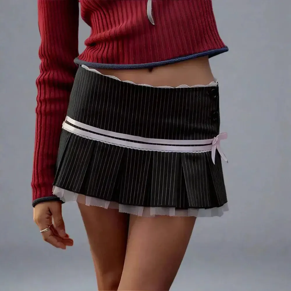 Y2K Striped Pleated Mini Dress with Bow for Women
