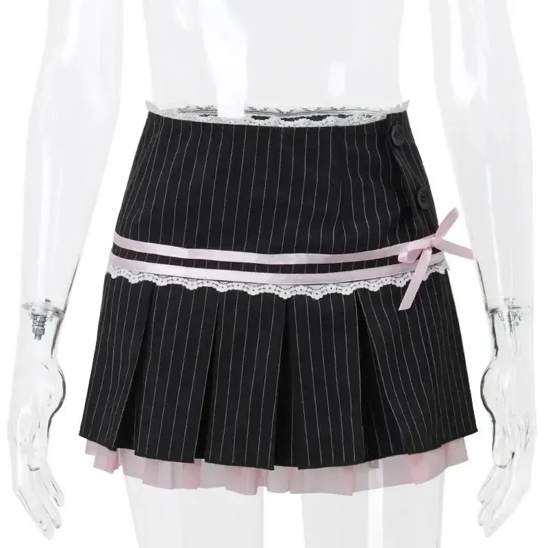 Y2K Striped Pleated Mini Dress with Bow for Women