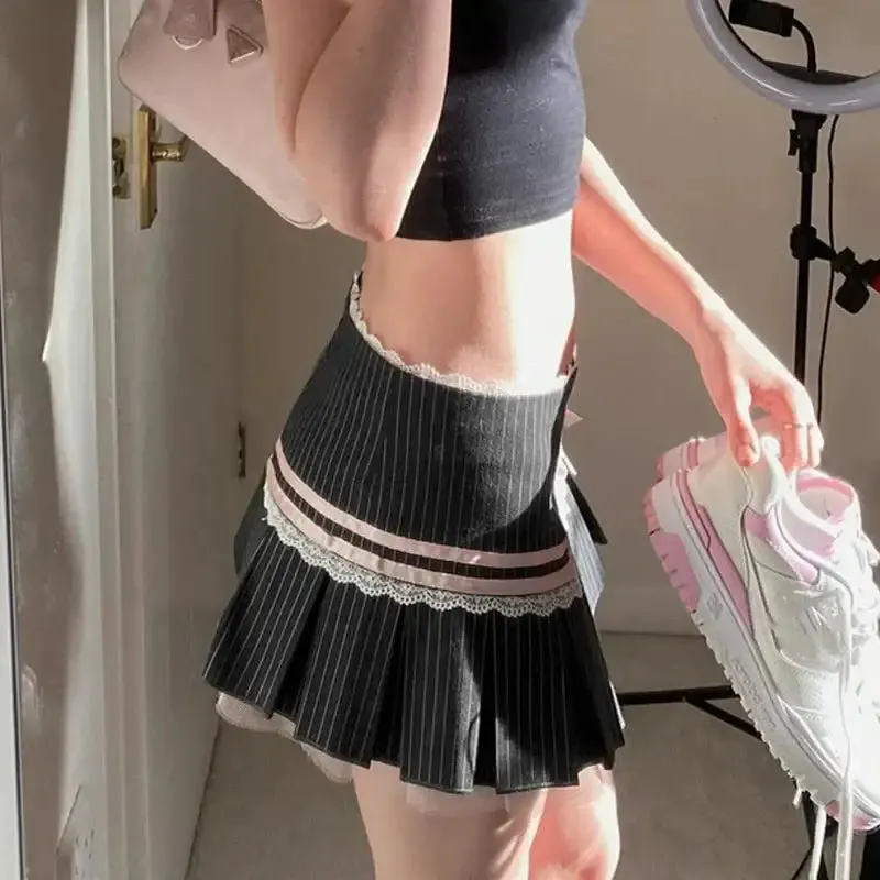 Y2K Striped Pleated Mini Dress with Bow for Women