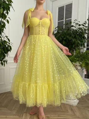 Yellow sweetheart neck tulle tea length prom dress yellow formal dress