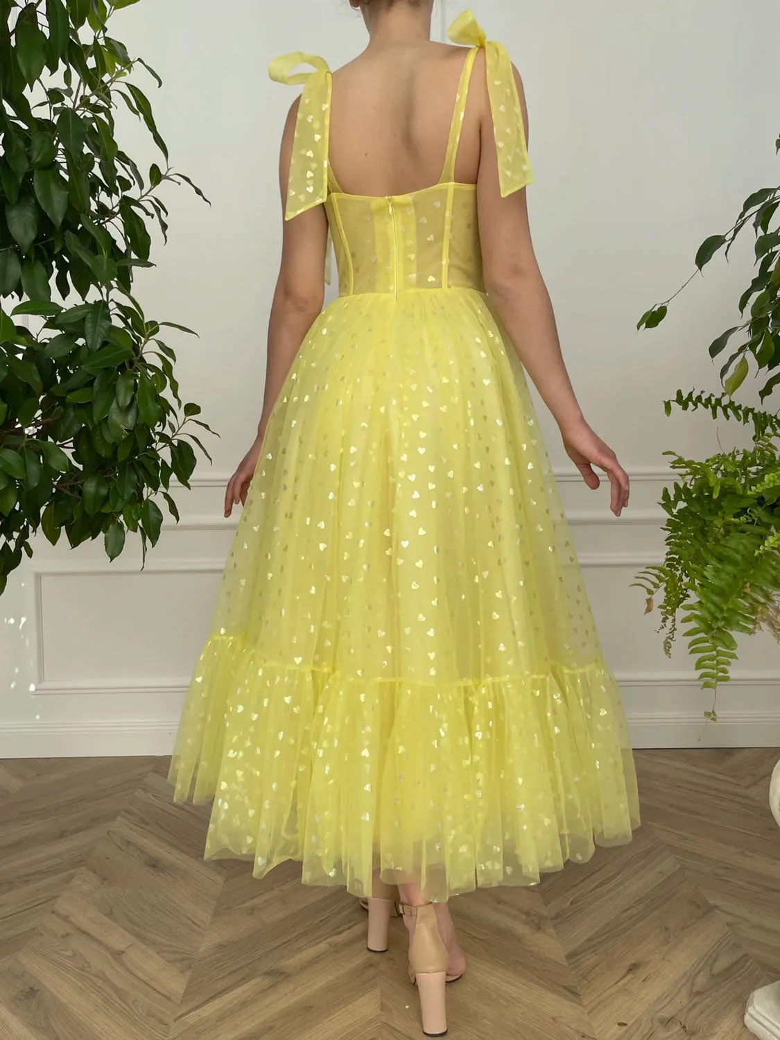 Yellow sweetheart neck tulle tea length prom dress yellow formal dress