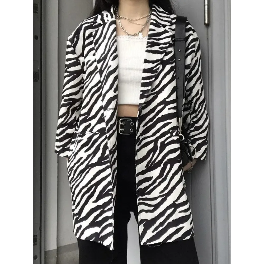 Zebra Print Long Blazer with Single Button Fastening
