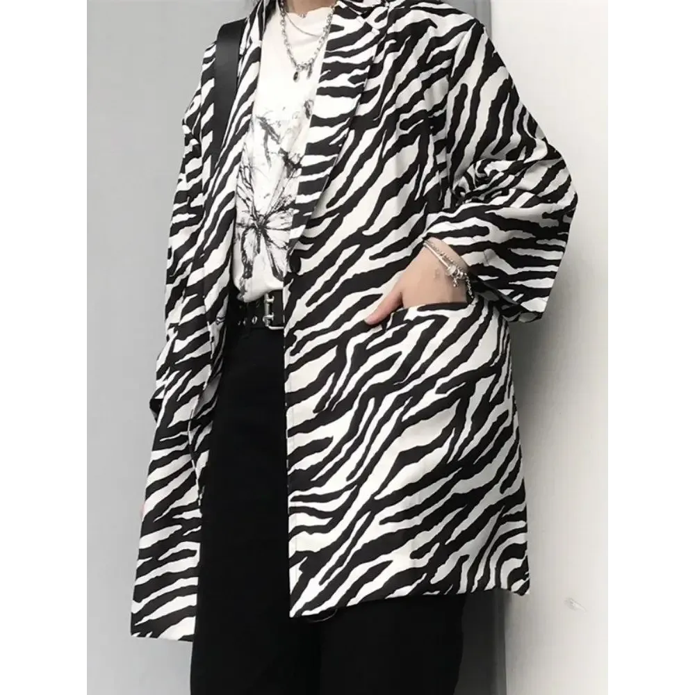 Zebra Print Long Blazer with Single Button Fastening