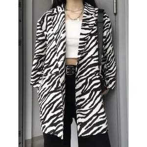 Zebra Print Long Blazer with Single Button Fastening