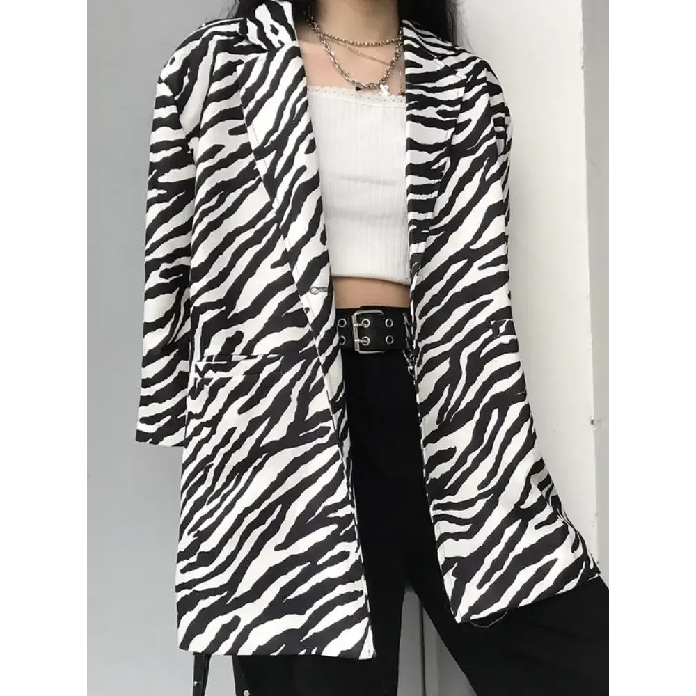 Zebra Print Long Blazer with Single Button Fastening