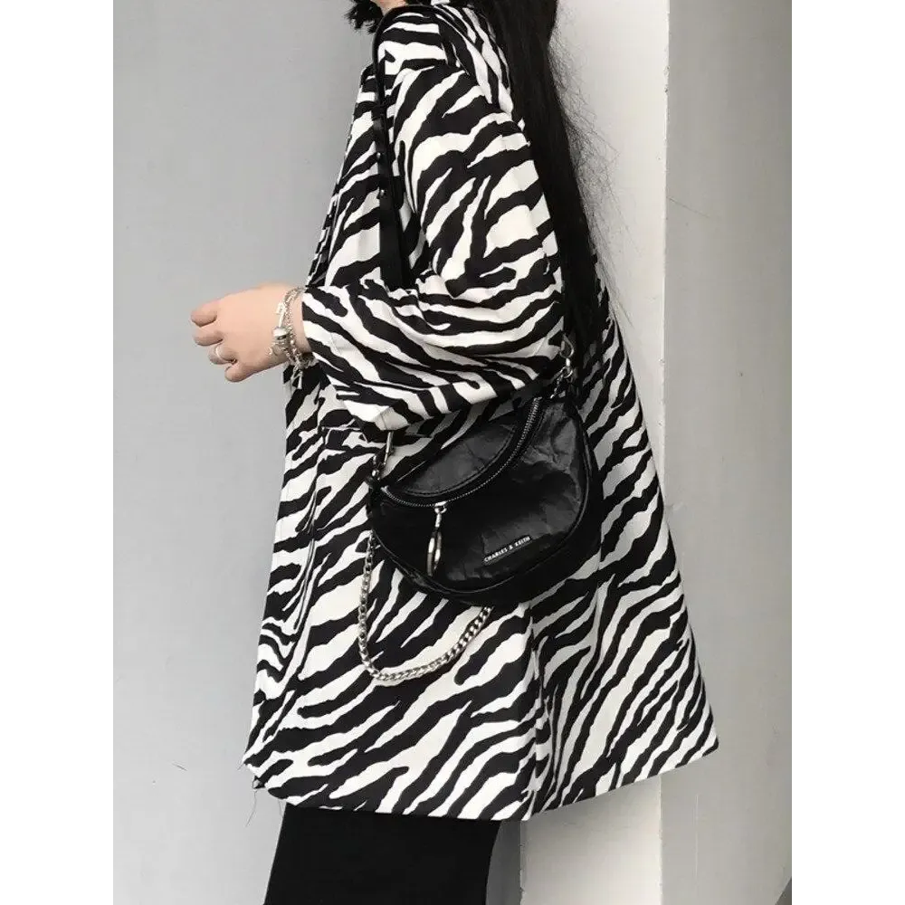 Zebra Print Long Blazer with Single Button Fastening